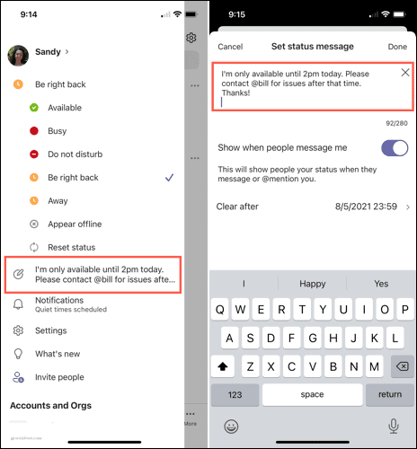 Edit or delete a status message on mobile