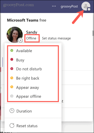 Select a current status in Microsoft Teams