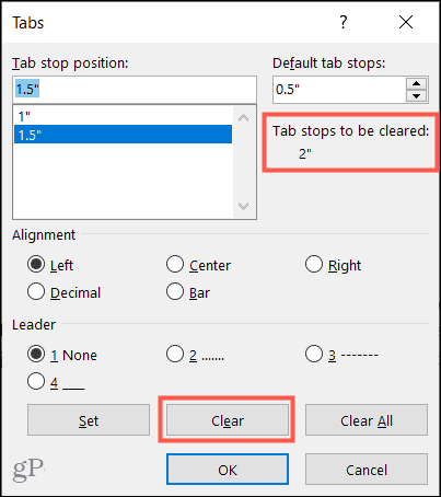 Clear a single tab stop on Windows