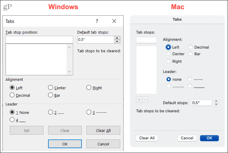 Settings for Tabs in Word on Windows and Mac