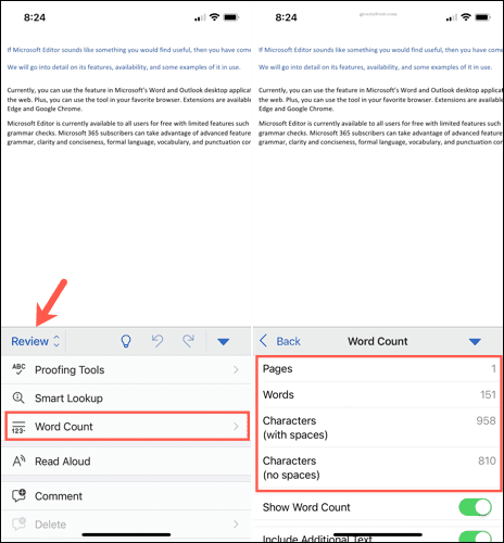 How to show a character count in Pages