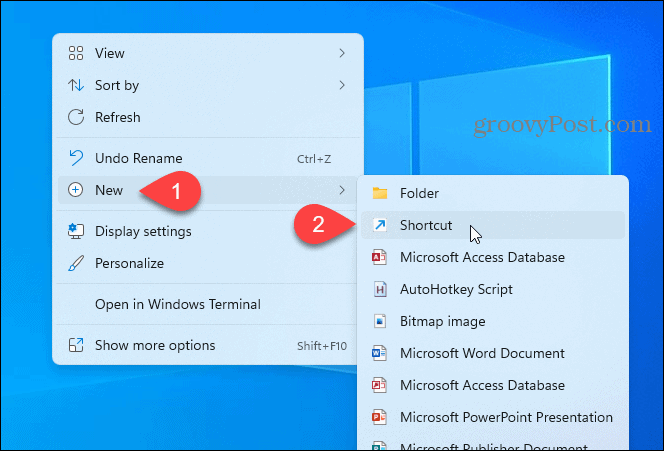 Create a new shortcut on the desktop