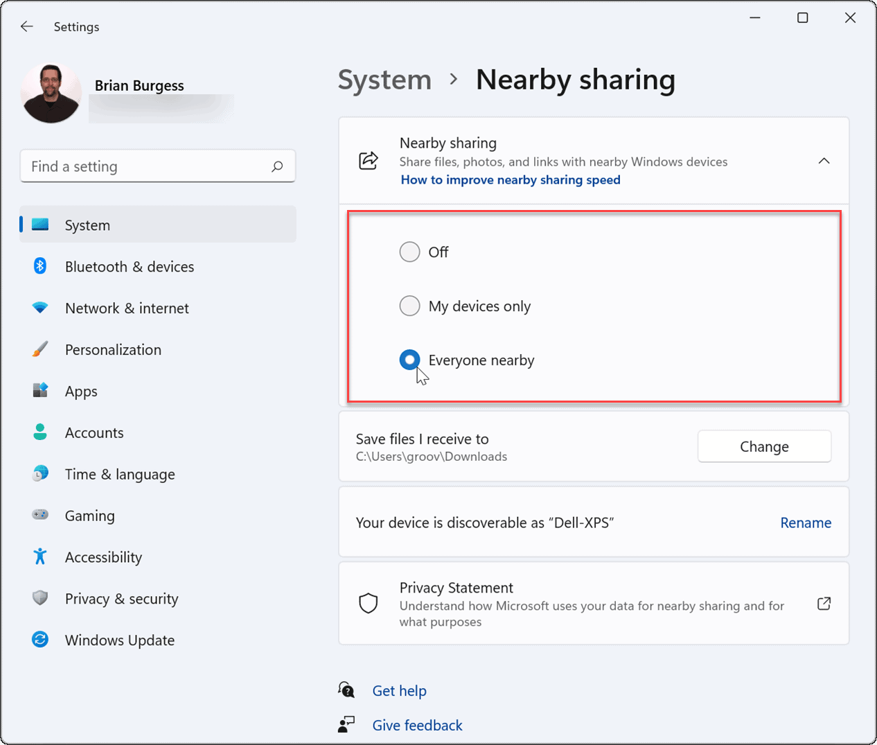 enable nearby sharing windows 11