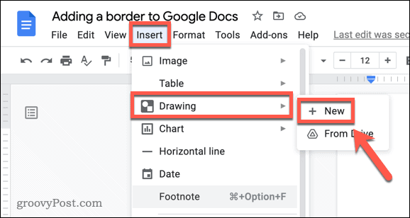 Inserting a new Google Docs drawing