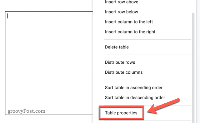 Accessing the table options menu in Google Docs