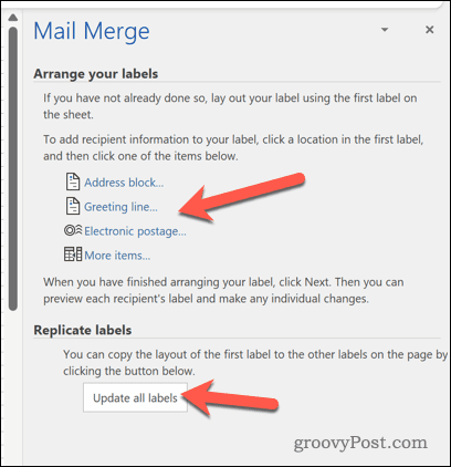 Confirming mail merge label formatting in Word
