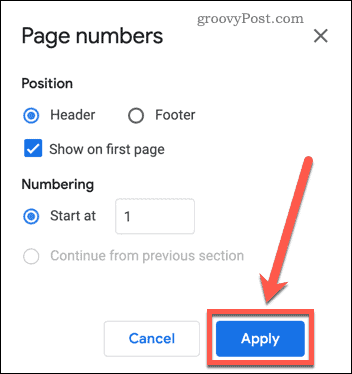 Applying page numbers to a Google Docs document