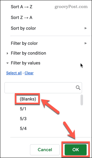 Filtering blanks in Google Sheets
