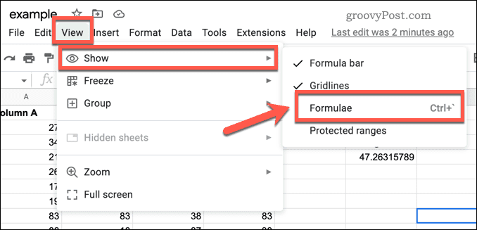 Google Sheets View Formula Option 