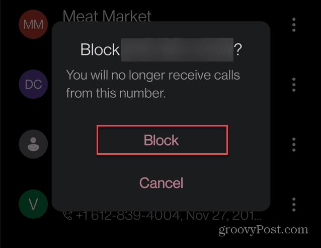 Block a Number verification screen