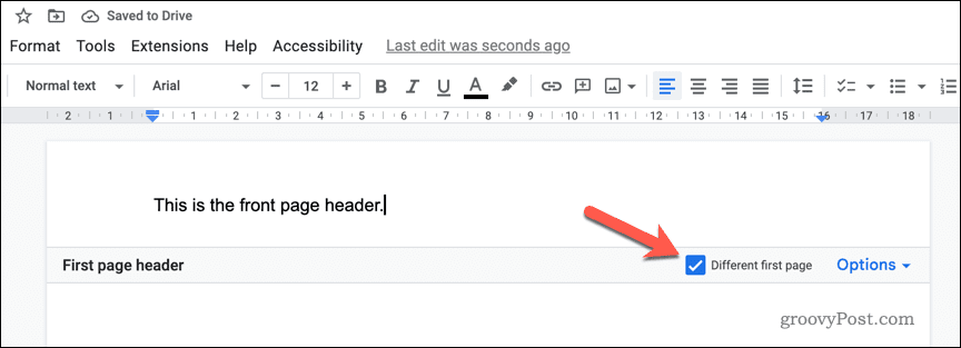 Enabling a front page only header in Google Docs