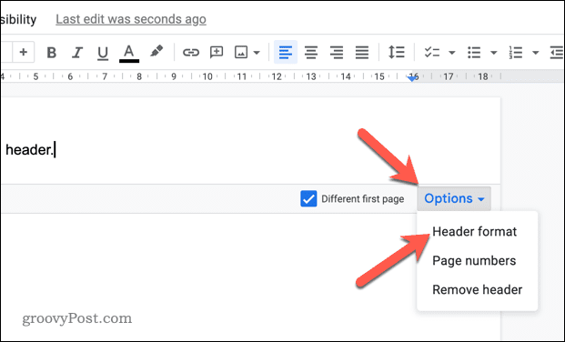 Open the Header format options menu in Google Docs