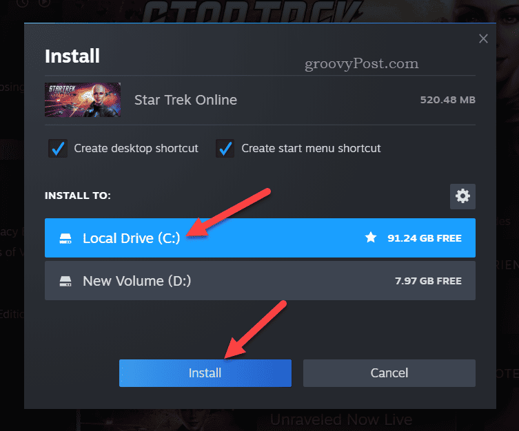 Installation options for a Steam game