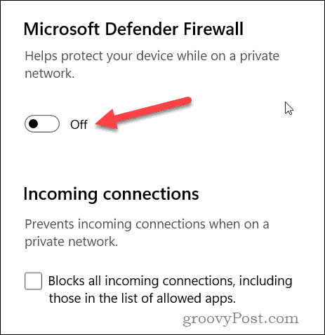 Disable Windows firewall slider