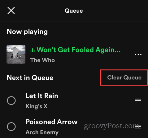 clear entire spotify queue mobile