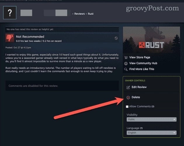 delete button on a steam review
