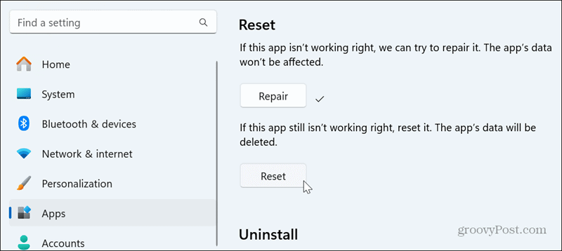 reset or repair app windows 11