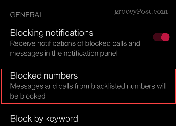 blocked numbers option android settings