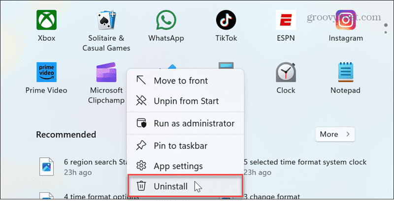 desinstalar aplicación menú Inicio windows 11