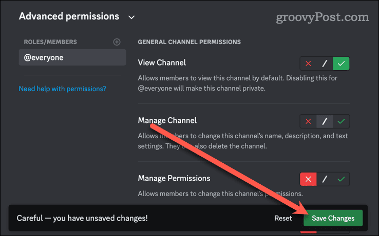 Guarde los cambios para crear un canal de reglas en Discord