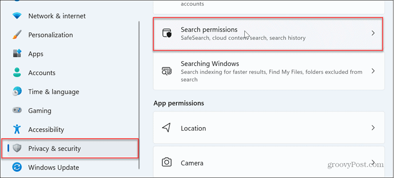 configuración de permisos de búsqueda windows 11
