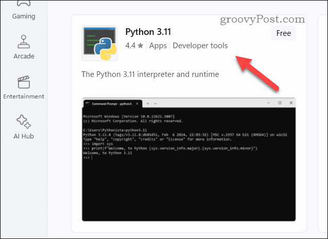 Open Python store page in Microsoft Store