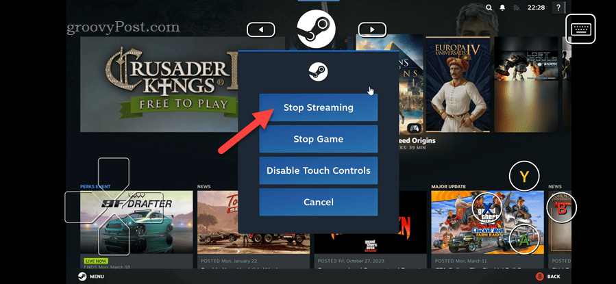 Stopping an Android Steam Link streaming session