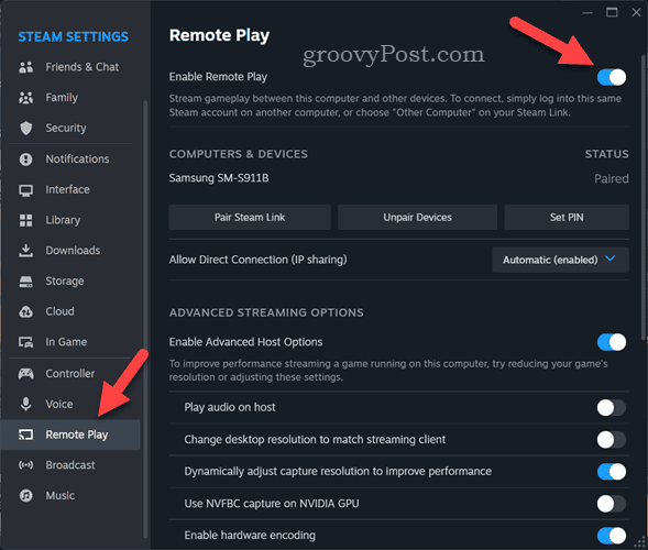 Enabling remote play in the Steam PC client