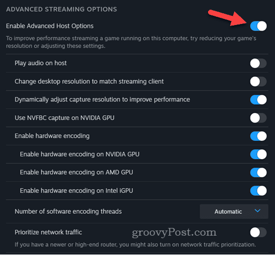Enabling advanced options for Steam remote play
