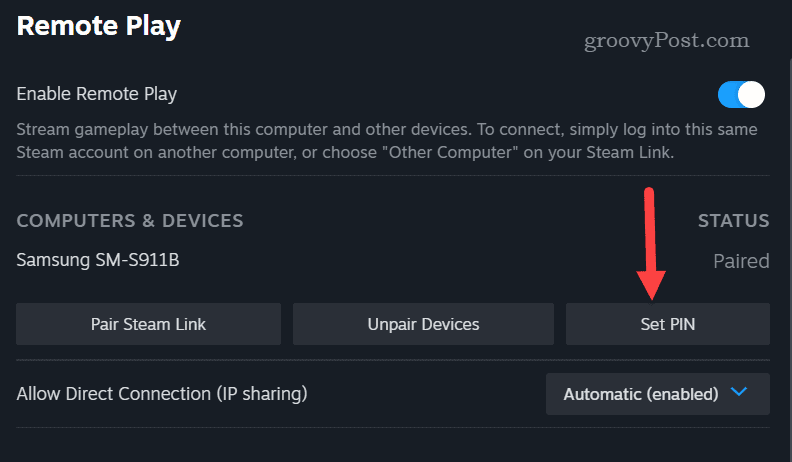 Setting an access pin for Steam remote play