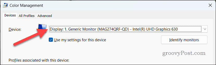 Selecting a device in the Color Management tool on Windows