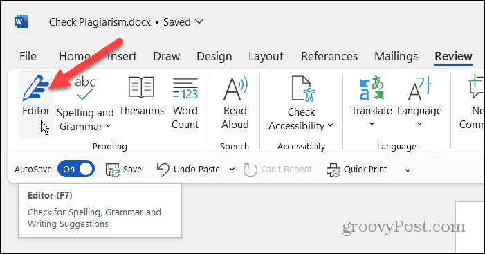 Editor-Schaltfläche in Microsoft Word zur Erkennung von Plagiaten